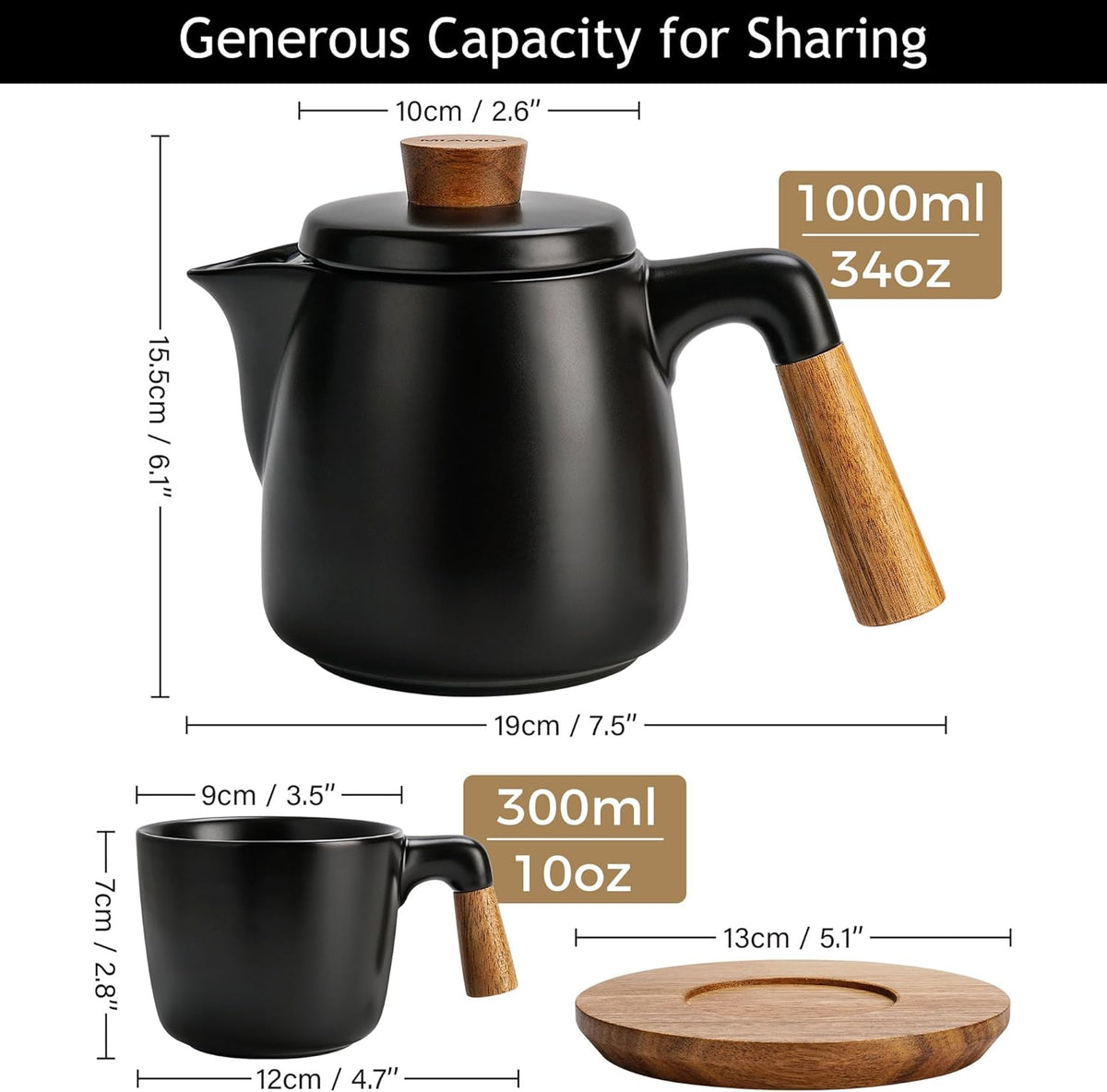 Miamio – 34 Oz Ceramic Tea Pot Set with Infuser and Cups/Tea Strainer, 4 Ceramic Tea Mugs (10 Oz), Bamboo Saucers/Handle for Home and Office (Black)