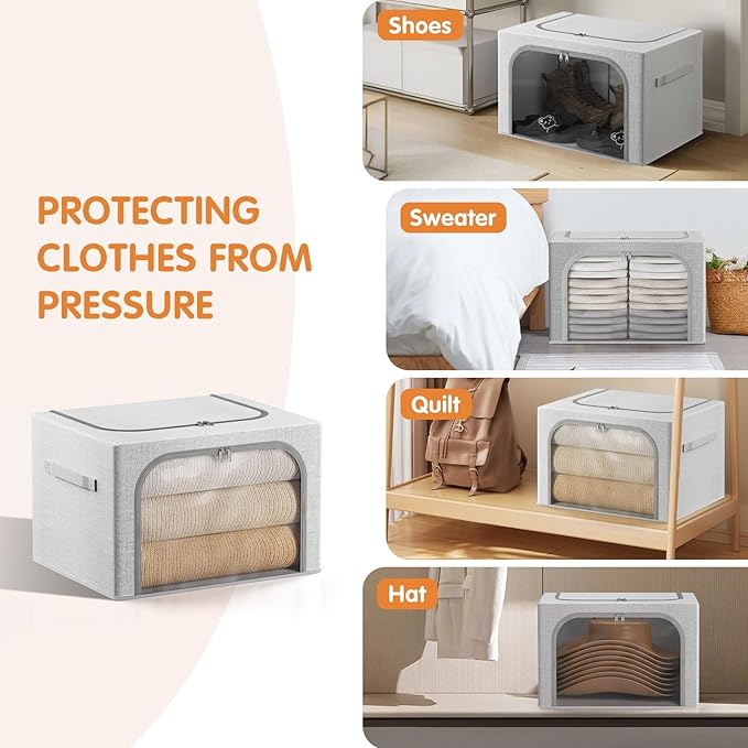 Bubimon Large Size 66L 3 Pack Clothes Storage Bin with Metal Frame, Stackable & Foldable Box with Lids, Closet Organizers And Storage For Bedding, Cap, Sweater (Fully Transparent)