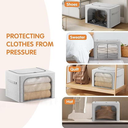 Bubimon Large Size 66L 3 Pack Clothes Storage Bin with Metal Frame, Stackable & Foldable Box with Lids, Closet Organizers And Storage For Bedding, Cap, Sweater (Fully Transparent)