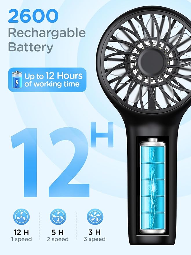 EasyAcc Mini Portable Fan,Handheld Fan,3 Speed Personal Small Makeup Fan 2000 Battery Hand Fan,Lightweight Washable USB Rechargeable Little Fan for Lash Stylish Girl Women Travel Gift Fan Black