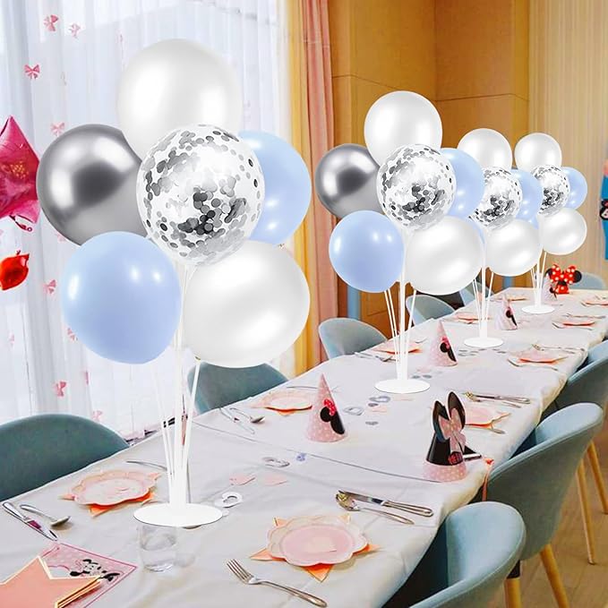 ZJDHPTY 4 Sets Balloon Stand,Light Blue Silver White Balloon Centerpieces for Birthday Baby Shower Bridal Shower Wedding Engagement Anniversary Party Decor