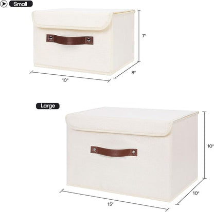 ANMINY 2PCS Storage Bins with Lid PU Leather Handles Storage Boxes PP Plastic Board Decorative Foldable Lidded Cotton Linen Fabric Home Cubes Baskets Closet Organizer Containers - Beige, Small Size
