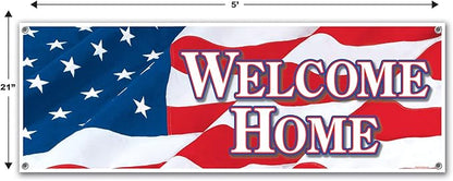Beistle Welcome Home Sign Banners, 21” x 5’, 2 Pack – Service Personnel Homecoming Decorations, Welcoming Party Supplies for Indoors & Outdoors, American Flag Themed Décor with Stars & Stripes