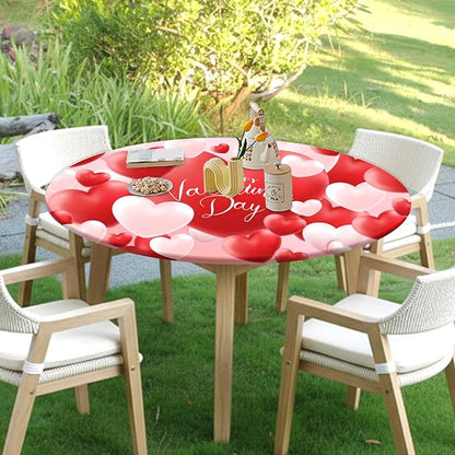 Valentines Day Round Fitted Tablecloth with Elastic Red White Love Heart Circle Table Cloth for 40-44" Round Tables Wipeable Waterproof Washable Valentine Table Cover for Picnic Dining Party Decor