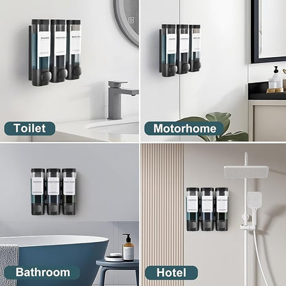 3 Pack Shampoo and Conditioner Dispenser, Shower Soap Dispenser 3 Chamber No Drill Wall-Mounted, Body Wash and Shower Dispenser Set for Shower Wall, Elegant Large Capacity for Bathroom Hotel, Black