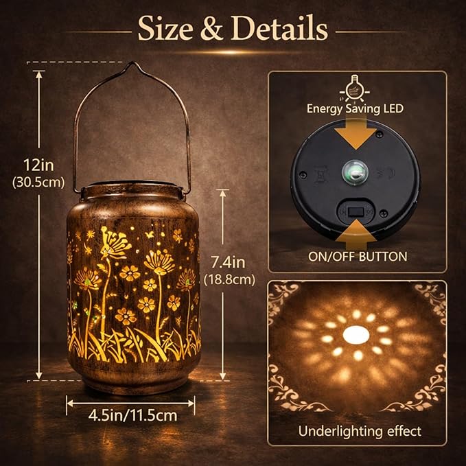 Solar Lanterns Outdoor Waterproof - Retro Metal Hanging Solar Lights with Dandelion Hollow-Out Pattern, Decorative Garden Decor for Outside Patio Yard Porch, Unique Floral Gifts for Women Mom Grandma