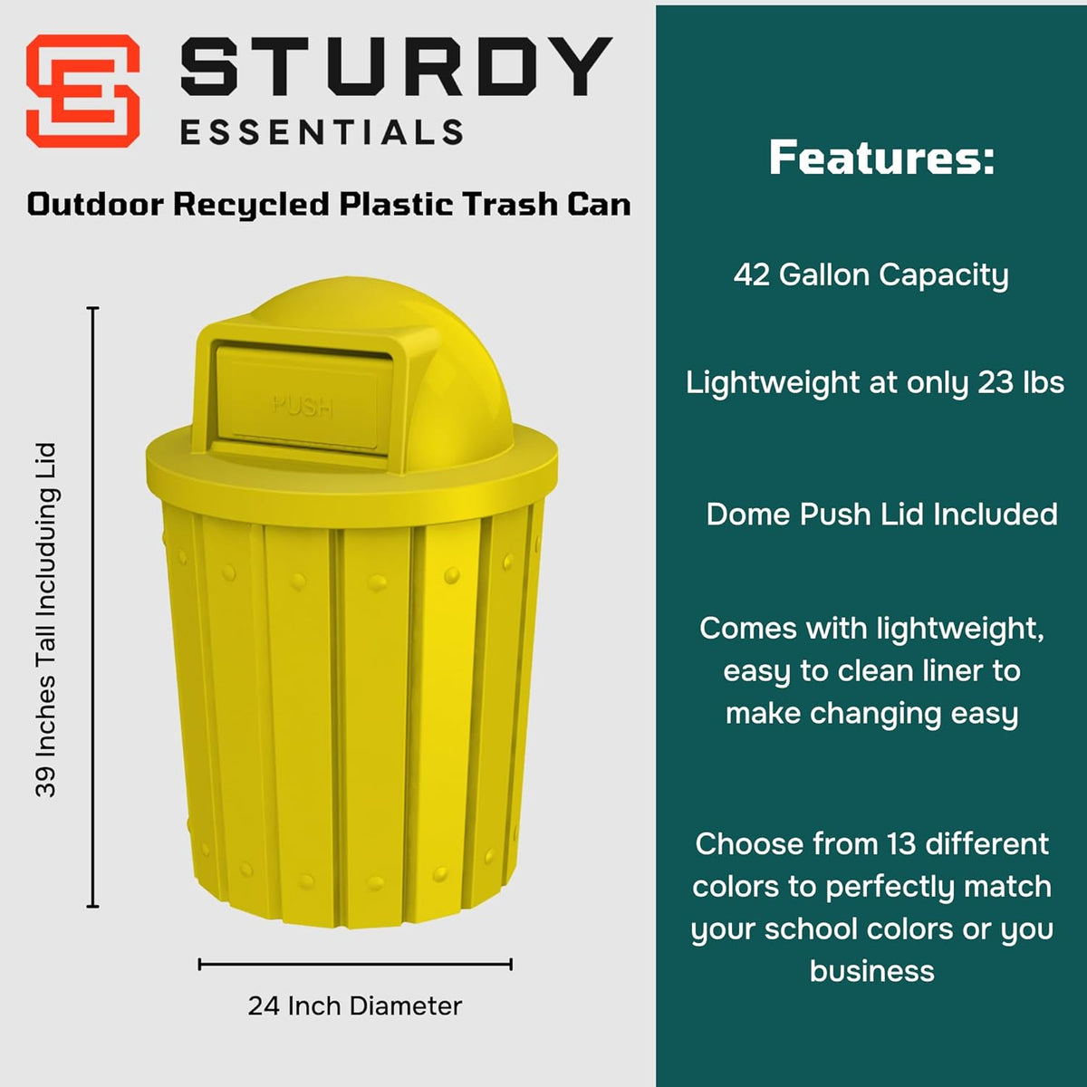 42 Gallon Slatted Circle 100% Recycled Plastic Commercial Outdoor and Indoor Trash Can with Push Open Dome Lid and Internal Liner | Great for Schools and Businesses - Yellow