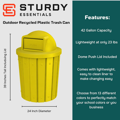 42 Gallon Slatted Circle 100% Recycled Plastic Commercial Outdoor and Indoor Trash Can with Push Open Dome Lid and Internal Liner | Great for Schools and Businesses - Yellow
