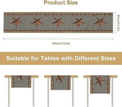 Rustic Star Table Runner, Vintage Wood Barn Black Grid Western Texas Farmhouse Country Print Table Runner for Home Party Patio Indoor Outdoor, 13x90inch