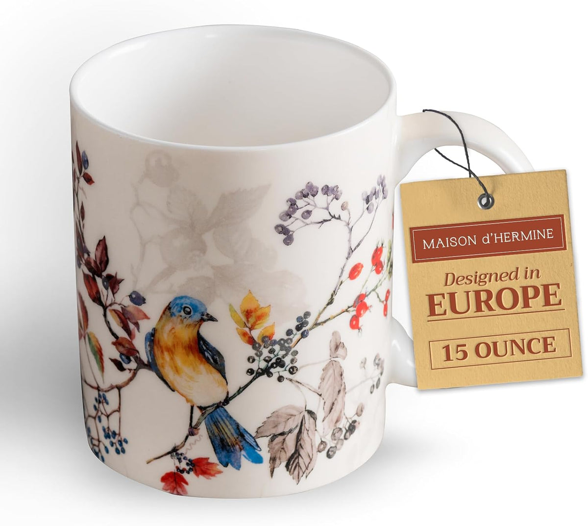 Maison d' Hermine Coffee Mug with Handles Fine Bone China Mugs Pack of One Tea Cups for Hot Beverages Cappuccino Latte Home Restaurant Office Perfect for Gift (Equinoxe - Beige Sparrows, 15 Ounce)