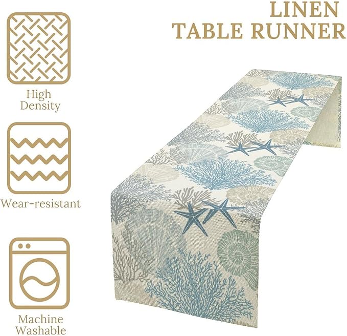 Blue Teal Coral Table Runners, Summer Beach Starfish Coastal Coffee Table Runners for Wedding Party Banquet Dining Holiday 13x108in