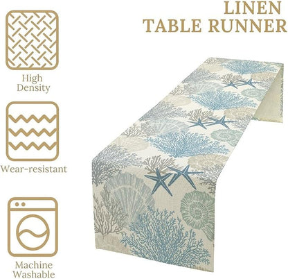 Blue Teal Coral Table Runners, Summer Beach Starfish Coastal Coffee Table Runners for Wedding Party Banquet Dining Holiday 13x108in
