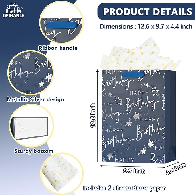 OFIHANLY 12.6" Medium Happy Birthday Gift Bag with Handles for Men Paper Gift Wrap Bags for Him Boys Kids Baby Navy Blue Bags with Tissue Paper,1Pcs