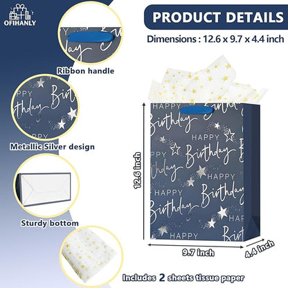 OFIHANLY 12.6" Medium Happy Birthday Gift Bag with Handles for Men Paper Gift Wrap Bags for Him Boys Kids Baby Navy Blue Bags with Tissue Paper,1Pcs