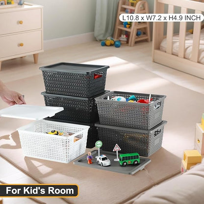 NUMIFUN Storage Bins with Lids, Set of 6, Stackable Woven Design, Black Plastic Containers with Easy Pull Handles, Interlocking Rim, Stackable Storage Boxes with Lids for Pantry, Closet