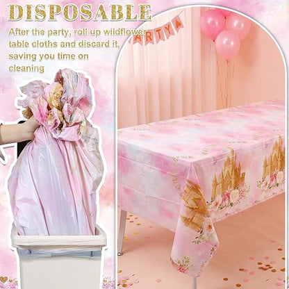 3 Pack Princess Tablecloths, 54 x 108 Inch Disposable Pink Rose Castle Themed Table Cloth Waterproof Pink Tablecloth Rectangle Birthday Party Table Cover for Girls Birthday Baby Shower Party Supplies