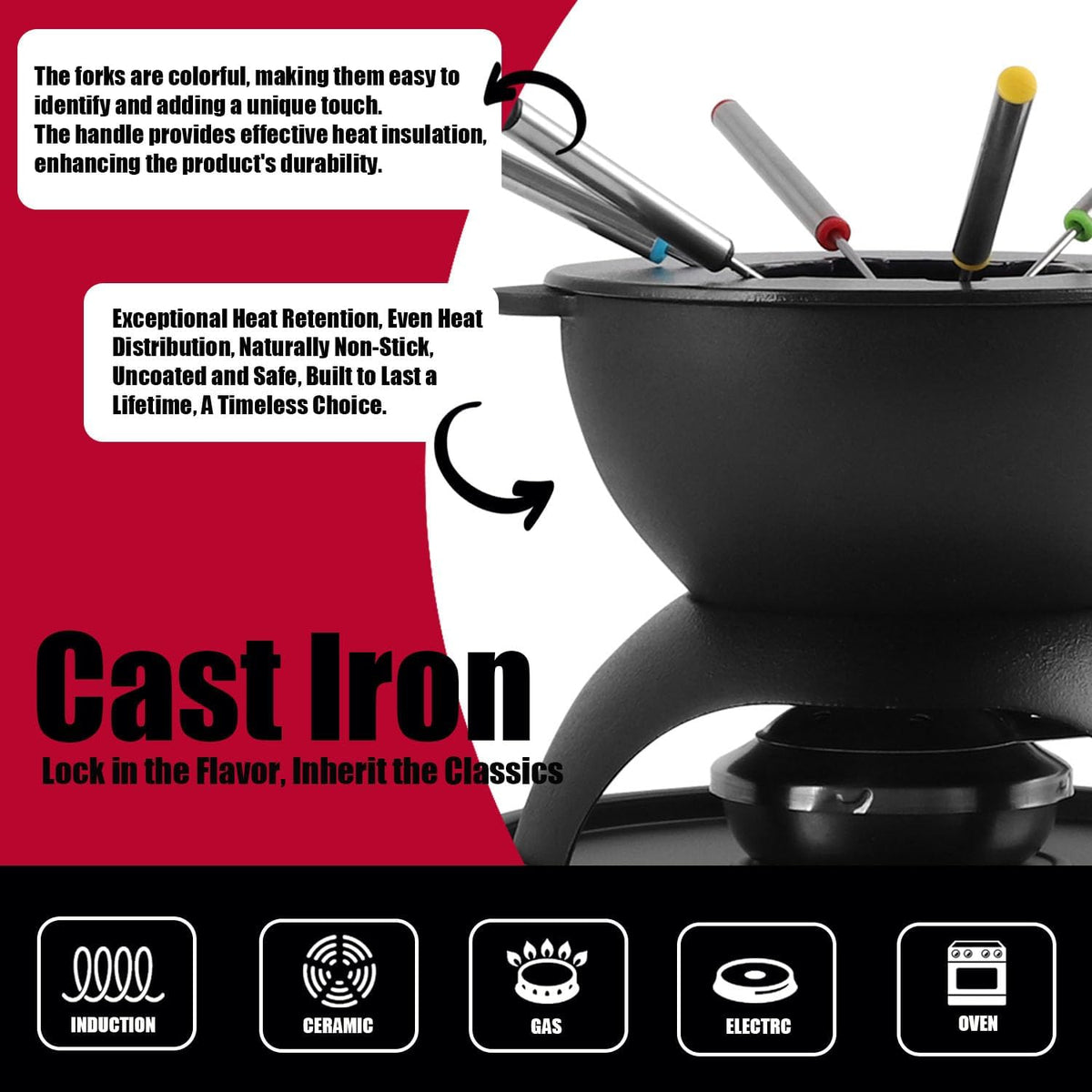 Artestia 5-Cup Cast Iron Fondue Pot for Chocolate, Cheese Fondue Pot with 6 Colored Forks for Fondue Party, 4-6 Person, Black