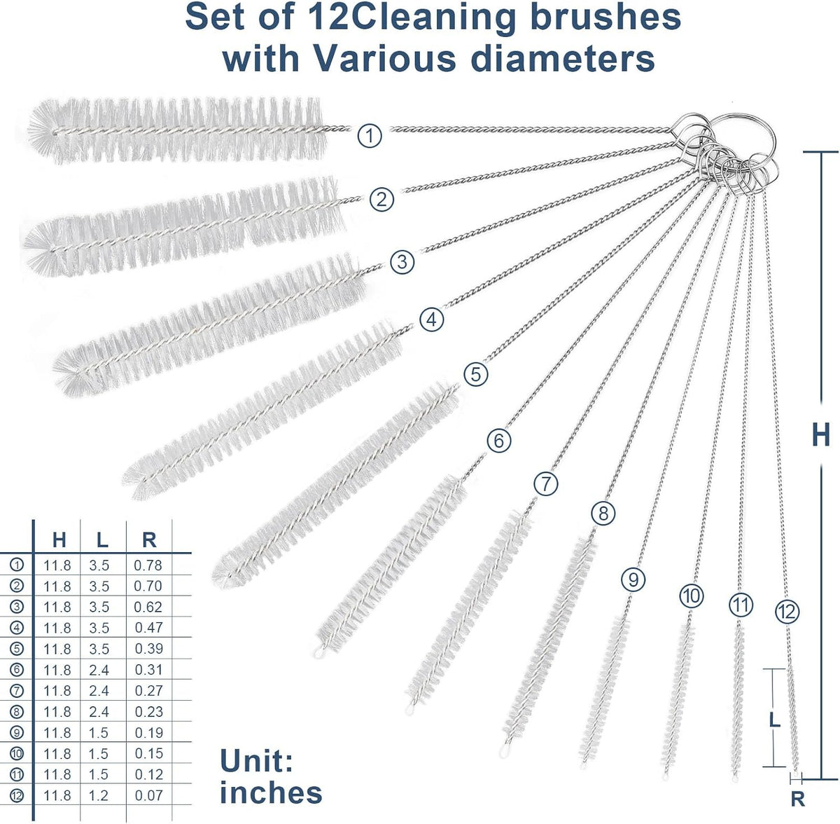 Ixiaoyoo 12 Pcs Bottle Cleaner Brushes Set, 11.8 Inch Nylon Cleaning Brush | White Straw Cleaner Brushes for Tumbler, Sippy Cup, Water Bottles, Hummingbird Feeders, Pipes, Sink Drain &amp; Pet Waterers