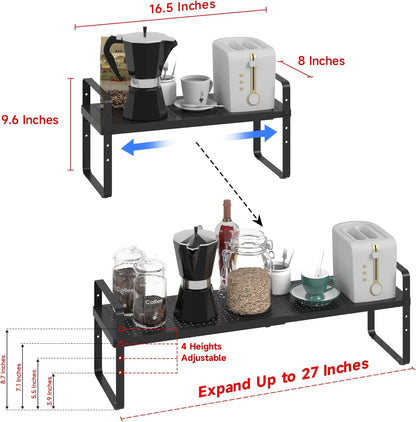 Expandable Cabinet Shelf Organizer Adjustable Metal Spice Rack Stackable Freestanding Counter Storage Shelves for Kitchen Cabinet Under Sink Office Desk (Black - 1Pack - L16.5-27'' * W8'' * H9.6'')