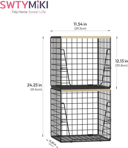 SWTYMIKI 2PCS Closet Organizers and Storage - Stackable Closet Basket with Wood Top Shelf, Clothes Storage Shelves, Clothes Drawer Bins for Wardrobe, Bedroom, Entryway, Black