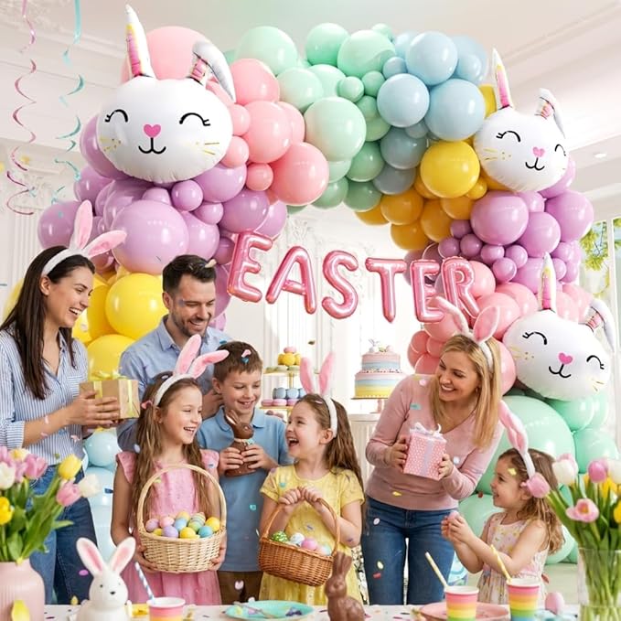 Easter Balloon Arch Kit - Pastel Balloon Garland Kit with EASTER Balloon Banner, Bunny Balloons for Easter Party, Spring Birthday, Baby Shower, Rainbow Easter Supplies Party Decorations