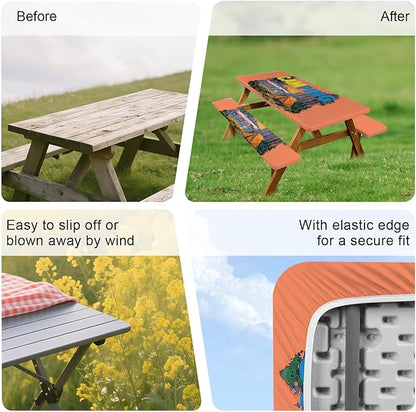 ANNA QUEEN Brand 6-Foot Camping Outdoor Picnic Table Cover, Includes Bench Cover, 3-piece Picnic Table Cover Set, 72 inches x 30 inches, Camping Outdoor Bench and Tablecloth Furniture Protection.