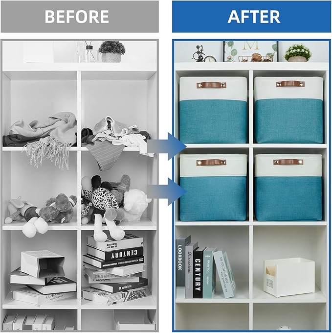 Temary Baskets Storage 12 Inch Fabric Storage Cubes Storage Baskets with Handle, Large Cube Storage Bins for Storage Books, Blankets, Clothes Baskets for Gift (White&Teal)