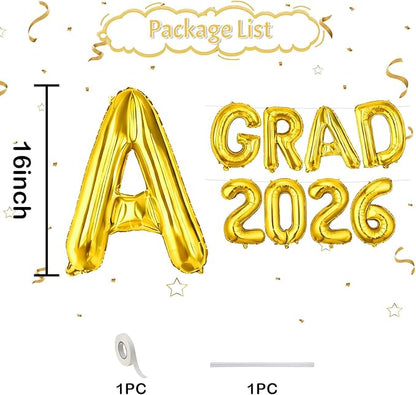 Gold Grad 2026 Balloons, 2026 Graduation Decorations Set Congrats Grad Foil Balloons Banner Sign for Class of 2026 Graduation Decorations College High School Prom Party Backdrop Supplies