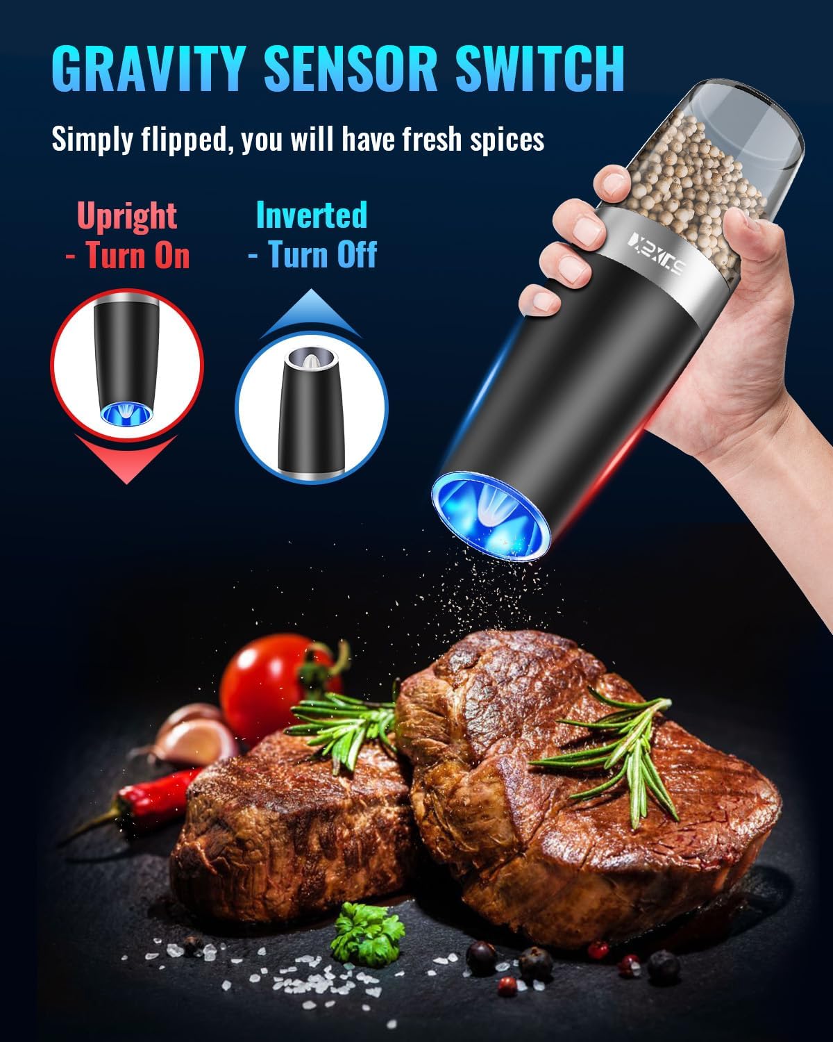 XinXu Gravity Electric Pepper and Salt Grinder Set, Adjustable Coarseness, Battery Powered with LED Light, One Hand Automatic Operation, Black -2 Pack