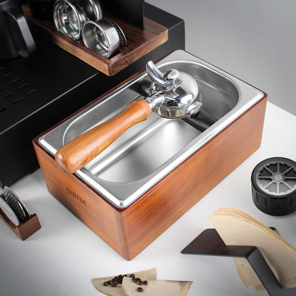 Knock Box Espresso, Coffee knockbox with Rubber Knock Bar and Anti-slip Pad, Commercial Use Large Capacity, Stainless Steel and Wooden