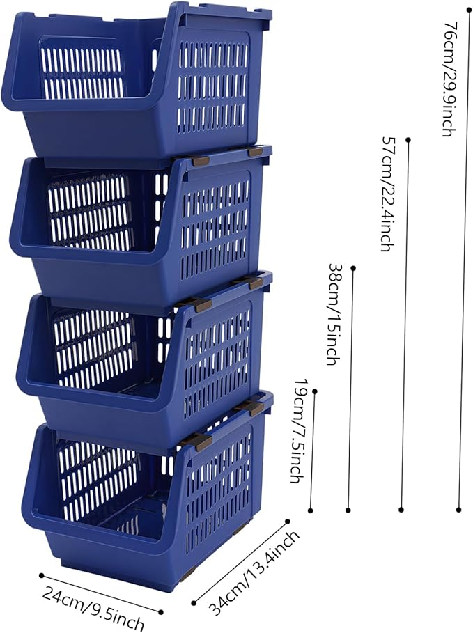 4-Pack Stackable Storage Baskets with 2 Wheels, Large Capacity 38.58 lbs Stackable Storage Bins Open Front, Space Saving Home Organization for Kitchen Bedroom Office (Blue, 9.5*13.4*29.9 in)
