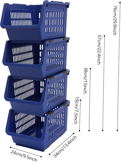 4-Pack Stackable Storage Baskets with 2 Wheels, Large Capacity 38.58 lbs Stackable Storage Bins Open Front, Space Saving Home Organization for Kitchen Bedroom Office (Blue, 9.5*13.4*29.9 in)