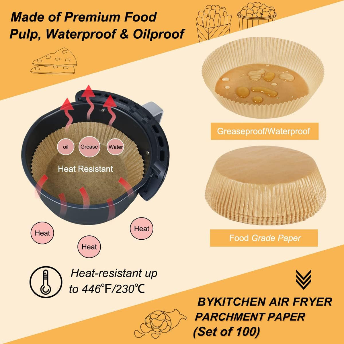 BYKITCHEN Air Fryer Parchment Paper for 2 to 5 QT, Set of 100, 8inch Round Airfryer Liners, Nonstick Air Fryer Filter Paper, Compatible with Ninja, Chefman Airfryer and More