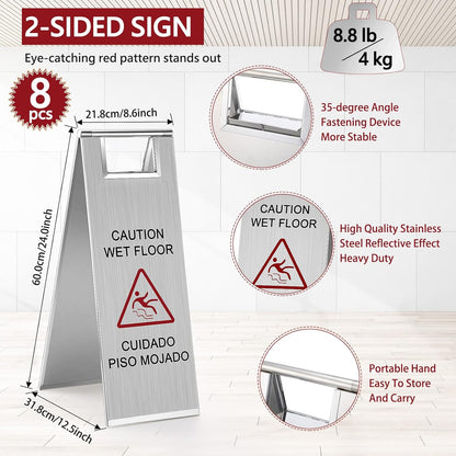 8 Pcs 24 Inch Stainless Steel Wet Floor Sign 8.8 Pound Caution Wet Floor Sign Bulk Double Sided Portable Foldable Bilingual Safety Warning for Kitchen Restaurant Restroom Avoid Fall (Silver)