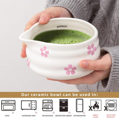 2pcs Matcha Bowl with Whisk Holder, Ceramic Cherry Blossom Matcha Bowl with Spout, 16.5OZ Porcelain Bowl with Measurement Marks