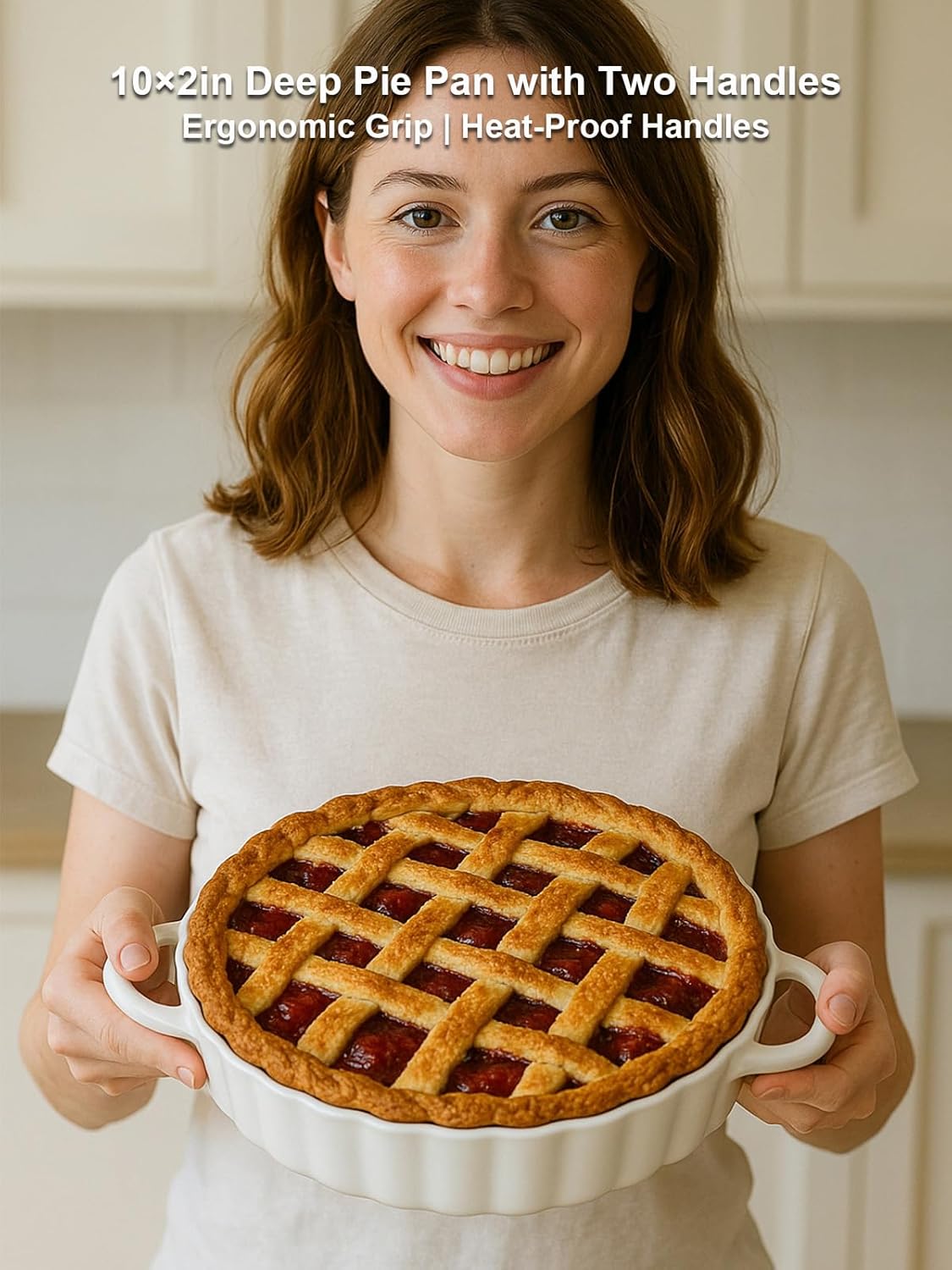 10×2in Deep Ceramic Pie Pan with Handles for Pie Quiche Tart Baking. Easy to grip, Lead-Free