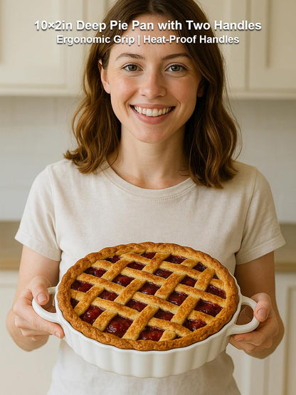 10×2in Deep Ceramic Pie Pan with Handles for Pie Quiche Tart Baking. Easy to grip, Lead-Free