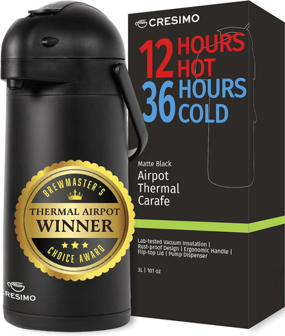 Airpot Coffee Dispenser With Pump, Black - 12 Hours Hot Water Dispenser with Pump, 36 Hours Cold - Coffee Thermal Carafe for Hot Drinks