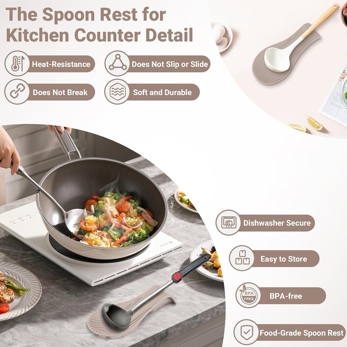 Heat Resistant Silicone Spoon Rest, Non-Slip Spoon Holder for Kitchen Counter, Silicone Spoon Rest for Stove Top for Spoons, Spatulas, Ladles, Tongs (Khaki)