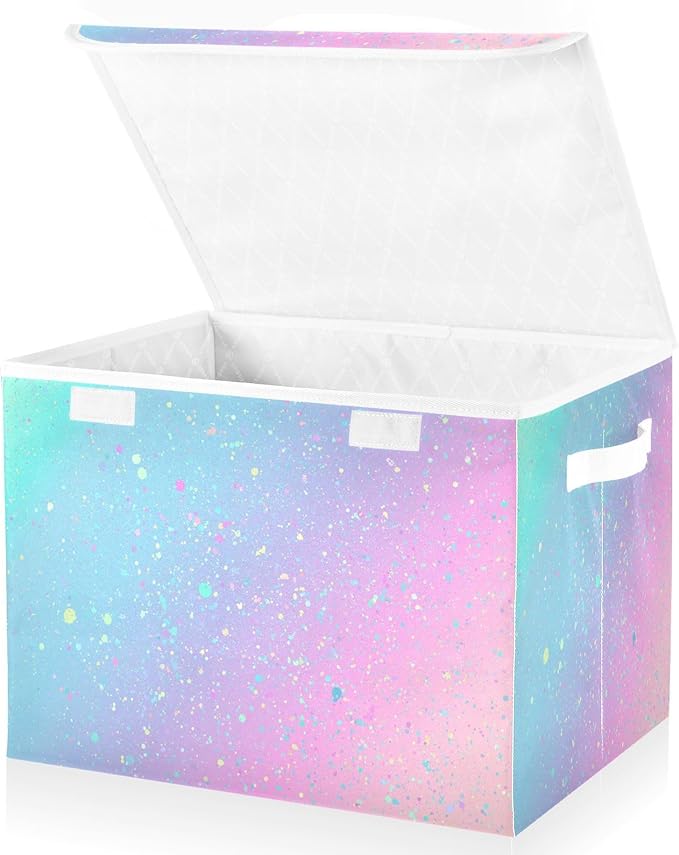 Large Collapsible Storage Bins with Lids, Unicorn Background with Rainbow Storage Baskets Organizer Containers with Handles for Clothes
