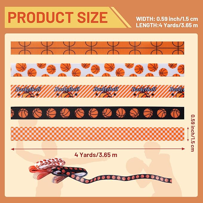Basketball Ribbons 5 Rolls 20 Yards, 5/8" Cute Basketball Grosgrain Ribbons for Theme Party Decor Gift Wrapping Sewing Crafts Making Hair Tie Cheer Bows and Sport Team Decorations