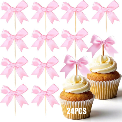 24Pcs Bow Cupcake Toppers - Black Bow Cake Topper Birthday Decorations, Bowknot Cupcake Picks for Coquette Bow Theme Party Decoration Bachelorette