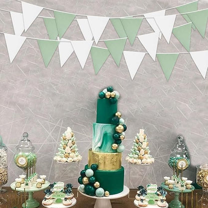 Zwiebeco 39Ft Green White Fabric Bunting Banner Triangle Flags Hanging Cotton Garland Pennant for Spring Tea Party Birthday Wedding Baby Shower Outdoor Garden Decorations 42PCS