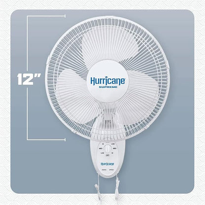 Hurricane Supreme 12” Portable Oscillating Wall Mount Fan, Space Saving, Powerful, and Quiet 3 Speed Airflow, Adjustable Tilt for Home and Workshop