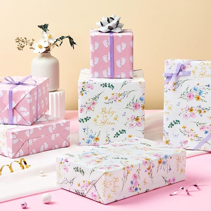 WERNNSAI Baby Wrapping Paper - 1 Roll 17” x 33 ft Baby Shower Wrapping Paper Pink Floral Gift Wrap Reversible New Born Girls 1st Birthday Present Packing Cute Foot Prints Design