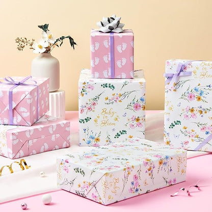 WERNNSAI Baby Wrapping Paper - 1 Roll 17” x 33 ft Baby Shower Wrapping Paper Pink Floral Gift Wrap Reversible New Born Girls 1st Birthday Present Packing Cute Foot Prints Design
