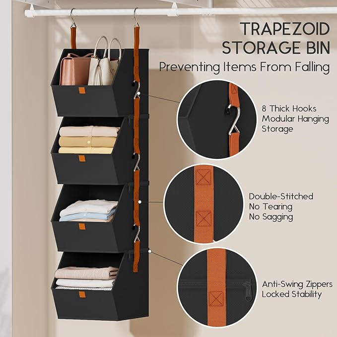 Homsorout Hanging Closet Organizer 4 Tier - Clothes Hanging Shelves, Space-Saving Closet System, Fabric Storage Bins Bedroom Organization, Collapsible Baskets for Home, Dorm, Rv, Black