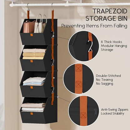 Homsorout Hanging Closet Organizer 4 Tier - Clothes Hanging Shelves, Space-Saving Closet System, Fabric Storage Bins Bedroom Organization, Collapsible Baskets for Home, Dorm, Rv, Black