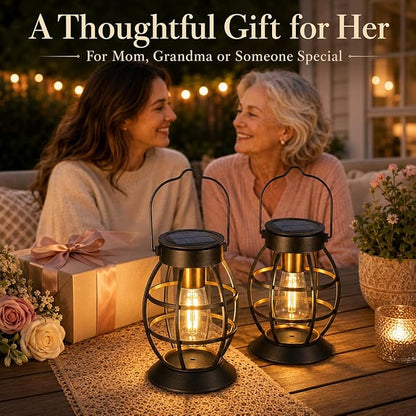 LeiDrail Solar Lanterns Outdoor 2 Pack, Hanging Waterproof Metal Lantern Dual LED Warm White, Auto On/Off Garden Patio Yard Porch Pathway Table Decor, Solar Powered Gift for Women