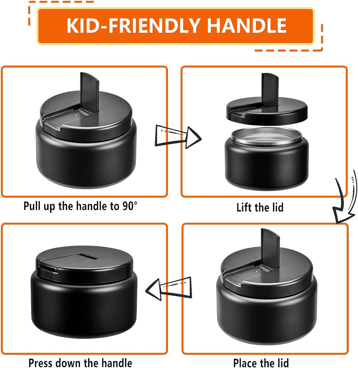 13.5oz Kids Jar for Hot Food, Insulated Vacuum Food Jar with Buckle Lid, Stainless Steel Wide Mouth Leak Proof Insulated Lunch Container for School Picnic Travel, Black